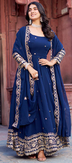 Blue color Salwar Kameez in Faux Georgette fabric with Sequence, Thread work