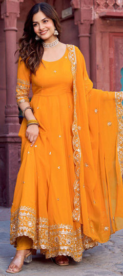 Yellow color Salwar Kameez in Faux Georgette fabric with Sequence, Thread work