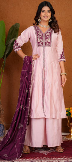 Pink and Majenta color Salwar Kameez in Roman fabric with Embroidered, Sequence, Thread work