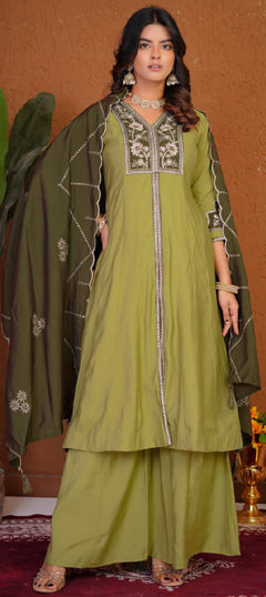 Green color Salwar Kameez in Roman fabric with Embroidered, Sequence, Thread work