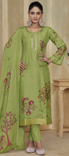 Green color Salwar Kameez in Jacquard fabric with Bugle Beads, Embroidered work