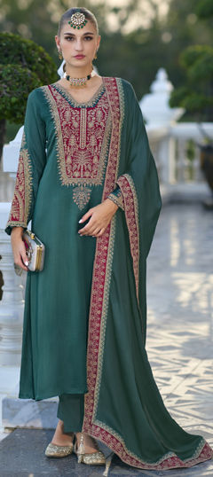 Green color Salwar Kameez in Silk fabric with Embroidered, Sequence work