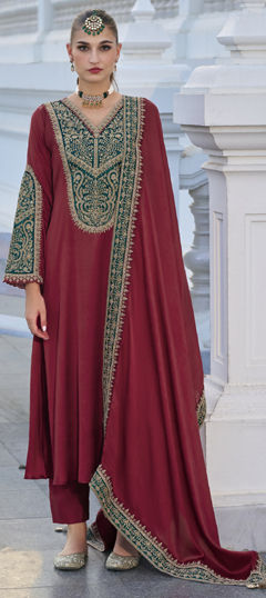 Red and Maroon color Salwar Kameez in Silk fabric with Embroidered, Sequence work