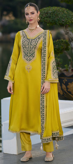 Yellow color Salwar Kameez in Silk fabric with Embroidered, Sequence work