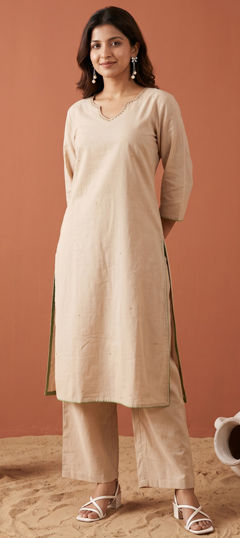 Beige and Brown color Salwar Kameez in Cotton fabric with Sequence work