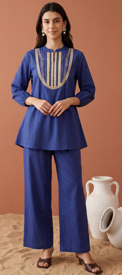 Blue color Co-ords Set in Cotton fabric with Bugle Beads, Embroidered work