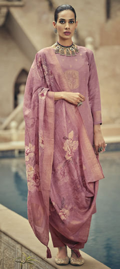 Pink and Majenta color Salwar Kameez in Jacquard fabric with Floral, Sequence, Thread work