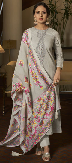 Black and Grey color Salwar Kameez in Cotton fabric with Digital Print, Embroidered work