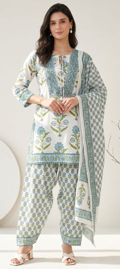 Blue, White and Off White color Salwar Kameez in Cotton fabric with Floral, Printed work