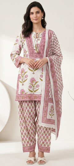 Pink and Majenta, White and Off White color Salwar Kameez in Cotton fabric with Floral, Printed work