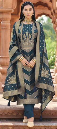 Blue color Salwar Kameez in Jacquard fabric with Weaving work