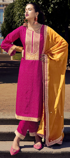 Pink and Majenta color Salwar Kameez in Bemberg fabric with Bandhej, Digital Print, Embroidered work