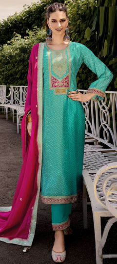 Blue color Salwar Kameez in Bemberg fabric with Bandhej, Digital Print, Embroidered work