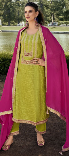 Green color Salwar Kameez in Bemberg fabric with Bandhej, Digital Print, Embroidered work