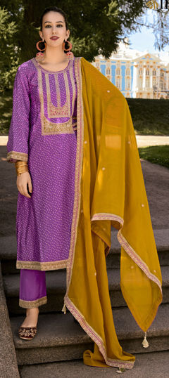 Purple and Violet color Salwar Kameez in Bemberg fabric with Bandhej, Digital Print, Embroidered work