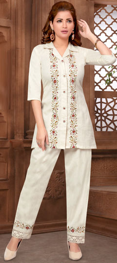White and Off White color Salwar Kameez in Cotton fabric with Embroidered work
