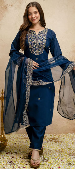 Blue color Salwar Kameez in Silk fabric with Embroidered, Sequence work
