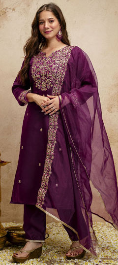 Purple and Violet color Salwar Kameez in Silk fabric with Embroidered, Sequence work