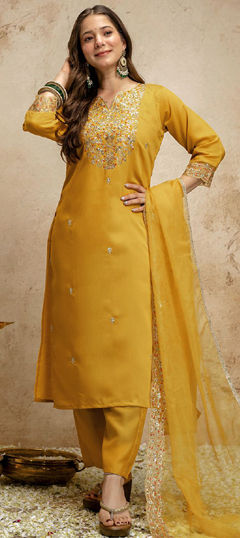Yellow color Salwar Kameez in Silk fabric with Embroidered, Sequence work