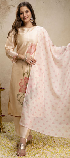 Beige and Brown color Salwar Kameez in Silk fabric with Floral, Printed work