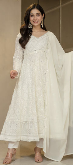 White and Off White color Salwar Kameez in Georgette fabric with Embroidered work