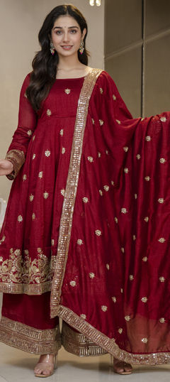 Red and Maroon color Salwar Kameez in Silk fabric with Embroidered work