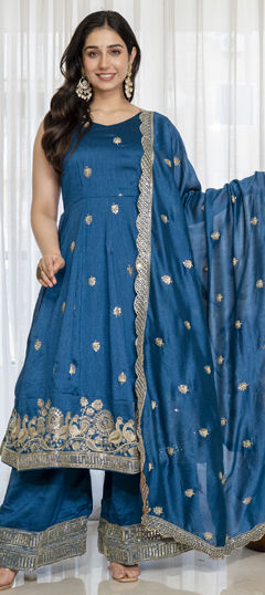 Blue color Salwar Kameez in Silk fabric with Embroidered work