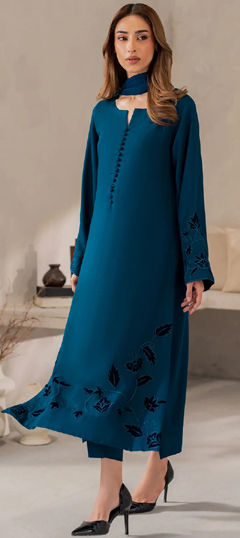 Blue color Salwar Kameez in Chanderi Silk fabric with Embroidered, Thread work
