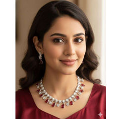 Gold Rodium Polish Red and Maroon color Necklace in Metal Alloy studded with Austrian diamond