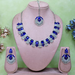 Silver Rodium Polish Blue color Necklace in Metal Alloy studded with Austrian diamond