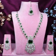 Silver Rodium Polish Green color Necklace in Metal Alloy studded with Austrian diamond