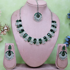 Silver Rodium Polish Green color Necklace in Metal Alloy studded with Austrian diamond