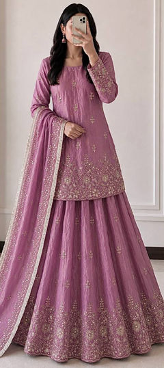 Pink and Majenta color Long Lehenga Choli in Tissue fabric with Embroidered, Sequence work