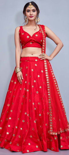 Red and Maroon color Lehenga in Taffeta Silk fabric with Mirror work