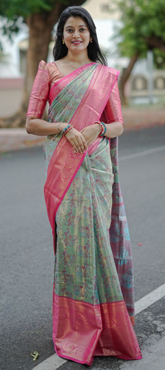Green, Pink and Majenta color Saree in Kanjeevaram Silk fabric with Weaving, Zari work