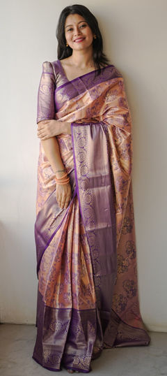Pink and Majenta, Purple and Violet color Saree in Kanjeevaram Silk fabric with Weaving, Zari work