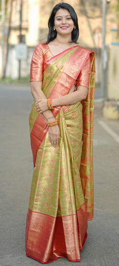 Orange, Yellow color Saree in Kanjeevaram Silk fabric with Weaving, Zari work