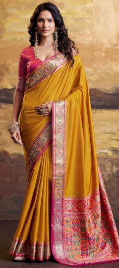 Pink and Majenta, Yellow color Saree in Patola Silk fabric with Thread, Weaving work