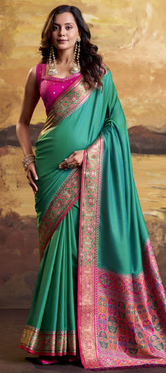 Green color Saree in Patola Silk fabric with Thread, Weaving work