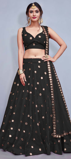 Black and Grey color Lehenga in Taffeta Silk fabric with Mirror work