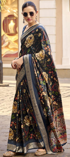 Black and Grey color Saree in Silk fabric with Floral, Printed, Weaving work