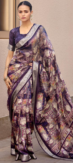 Purple and Violet color Saree in Silk fabric with Floral, Printed, Weaving work