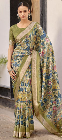 Green color Saree in Silk fabric with Floral, Printed, Weaving work