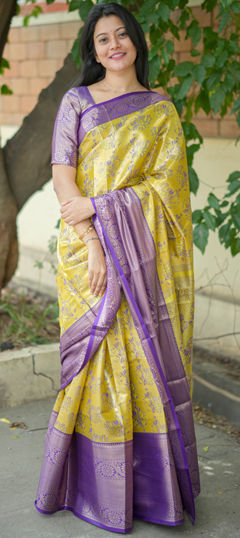 Purple and Violet, Yellow color Saree in Kanjeevaram Silk fabric with Weaving, Zari work