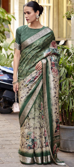 Beige and Brown, Green color Saree in Silk fabric with Floral, Printed, Weaving work