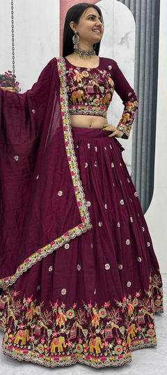 Purple and Violet color Ready to Wear Lehenga in Chinon Silk fabric with Embroidered, Thread work