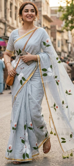 Blue color Saree in Cotton fabric with Floral, Printed work
