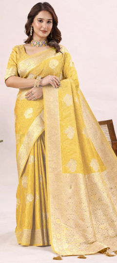 Yellow color Saree in Banarasi Silk fabric with Weaving work