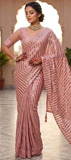 Pink and Majenta color Saree in Silk fabric with Sequence work