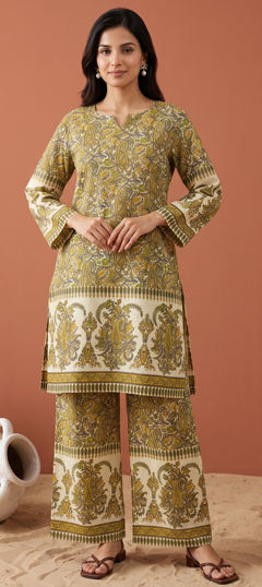 Green, Yellow color Salwar Kameez in Cotton fabric with Floral, Printed work